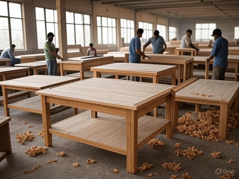 Craftsmen cutting and sizing plywood sheets in RahulRaj Furniture workshop