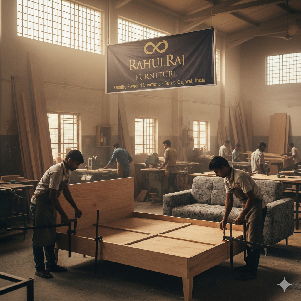 Craftsmen sanding and finishing surfaces at RahulRaj Furniture workshop